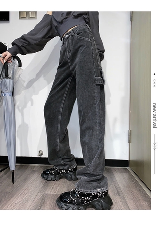Estilo de cintura alta negro Jeans 2021 primavera y verano ancho de la pierna Jeans sueltos holgados longitud del piso Vintage Denim Jeans