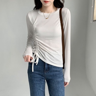 Diseño sentido cordón delgado cuello redondo nicho de punto de manga larga color sólido camiseta delgada borong de Koreanfashion ropa de mujer