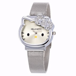 Hello Kitty estilo niños de dibujos animados reloj de las mujeres de plata de acero inoxidable correa de malla relojes de pulsera niños Casual reloj