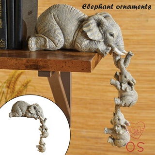 elefante sitter pintado a mano figuritas de resina 3pcs madre y dos bebés colgando del borde de la mesa de estante