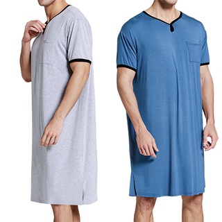 ✪Eb❥Los hombres V-cuello largo dormir camisa con bolsillo en el pecho, ajuste suelto Color sólido manga corta dobladillo dividido ropa de dormir para