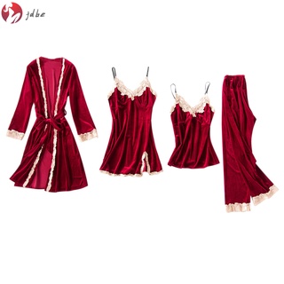 Conjunto de pijama elegante de terciopelo para mujer, ropa de dormir, 4 piezas