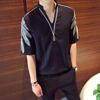 Media manga camisa masculina bordado v-cuello de los hombres camisa de manga corta (1)