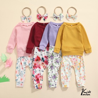Bty Baby Girls manga larga O-cuello Tops+pantalones de impresión Floral+banda de nudo de arco conjunto