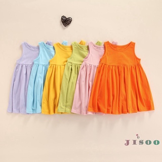 Vestido soo-Kids, Color sólido cuello redondo sin mangas de una sola pieza vestido de verano, naranja/rosa/verde/amarillo/azul/púrpura