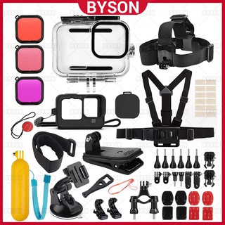 Byson 52 en 1 Kit de accesorios para GoPro Hero 9 negro, estuche de goma, estuche impermeable + 3 filtros pecho + correa de cabeza/correa de bicicleta/Clip de mochila + agarre flotante (1)
