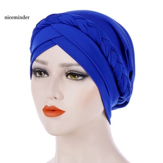 Znce_ moda mujeres Color sólido trenzado musulmán hiyab turbante cabeza envoltura sombrero quimio gorra (9)