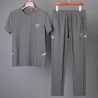 Dos piezas de alta gama sedosa estiramiento de hielo de seda de manga corta t-shirt de los hombres de verano delgado de secado rápido ropa deportiva casual traje