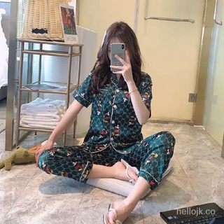 Pijama de seda de hielo para mujeres primavera y otoño de manga larga de dos piezas traje de seda Artificial de verano estudiante estilo coreano lindo Loungewear (8)