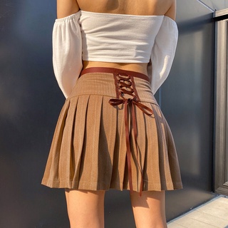 2021Falda plisada de cintura alta Vintage americana con cordones en la espalda y diseño de veranoAFalda