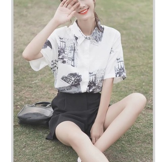 Camisa estampada estilo Hong Kong Blusa estilo Hong Kong para mujer Camisa de manga corta madura ligera