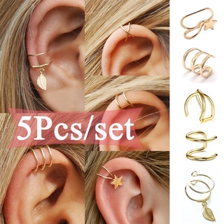 5 unids/Set moda Color dorado puños de oreja/mujeres Clip de hoja pendientes/sin Piercing falso cartílago pendientes/aretes Punk Rock orejas