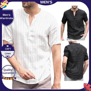 los hombres de la camisa de lino de algodón polo camisetas de manga corta casual camiseta de rayas regulares de los hombres camisa de impresión blusa hombre