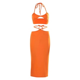 ❁Nx✲Conjunto de ropa Sexy de dos piezas, Color naranja, Color sólido, sin mangas, cuello Halter, Tops cortos y falda larga, S/ M/ L