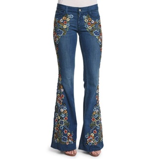 pantalones vaqueros flare de cintura bordada para mujer con botón/pantalones jeans boca de campana
