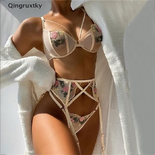 [qingruxtky] floral embrodiery encaje lencería 3 piezas ropa interior mujeres sujetador bragas conjuntos sujetador [caliente]