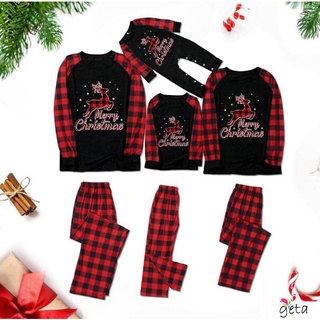 Ljw-juego de ropa de dormir de la familia de navidad, estampado de ciervos de manga larga cuello redondo Tops+pantalones de impresión lisa/Romper (1)