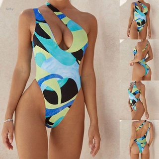 lucky mujeres sexy bikini de una pieza traje de baño hueco un hombro sin espalda monokini impresión irregular brasileño traje de baño