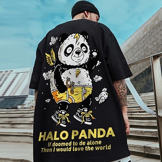 Moda tendencia de dibujos animados pequeño Panda patrón de manga corta T-shirt Casual hombres y mujeres camiseta todo-partido Hip Hop cuello redondo suelto pareja camiseta