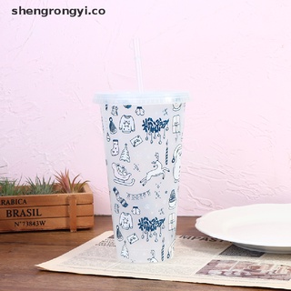 [shengrongyi] tazas de paja de plástico reutilizables de 710 ml con tapa que cambia de color taza de navidad [co]