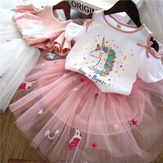 3-7 años verano niños niñas conjunto de ropa de dibujos animados unicornio camiseta + faldas