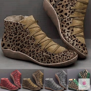 Las mujeres botas de tobillo pisos zapatos leopardo cremallera dedo del pie redondo encaje antideslizante para exteriores
