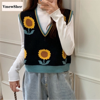 vmewsher mujeres moda chaleco de punto suéter vintage girasol cuello v sin mangas otoño primavera chic floral jersey corto tops