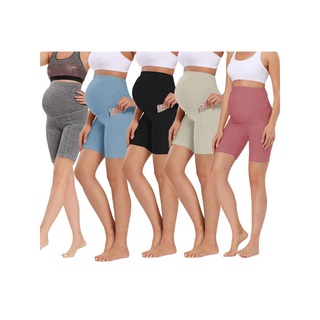✰Es♧Mujeres embarazadas Yoga quinto pantalones, verano transpirable Color sólido cintura alta Fitness pirata pantalones cortos de maternidad (1)