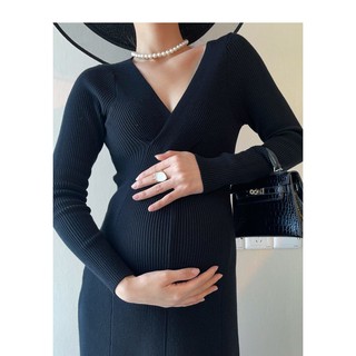 Maternidad Falda De color Sólido Cuello En V De Manga Larga Tejer Comodidad Estiramiento De Vestido Largo Embarazada (4)