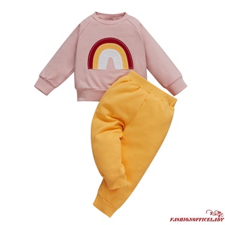 O-l conjunto de ropa de otoño para niñas/niños pequeños/2 piezas/manga larga arco iris/pantalones de Color sólido
