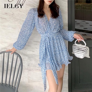 IELGY Women's clothes casual one-piece chiffon travel long sleeves all-match French seaside V-neck