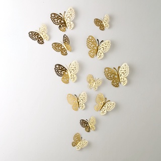 12 Unids/set Vívidos 3D Mariposa Pegatinas De Pared Extraíbles Murales DIY Arte Decoración Con Pegamento Para Dormitorio Boda Fiesta-Oro