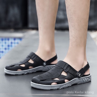 Los hombres zapatillas para el verano desgaste nuevo zapatos de playa agujero zapatos tendencia al aire libre antideslizante de un paso de doble uso media zapatillas MbLo