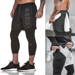 2021Pantalones deportivos nuevos de primavera y verano Medias de secado rápido reflectantes de alta elasticidad para hombre Pantalones de entrenamiento de dos piezas falsos