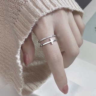versión coreana de plata de ley s925 micro-incrustaciones de circonita cruz anillo femenino doble capa personalidad geométrica simple anillo de dedo índice abierto