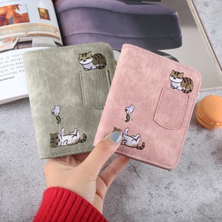 lindo gato de dibujos animados bordado bifold bolso de la tarjeta de efectivo titular de las mujeres de la pu corto cartera