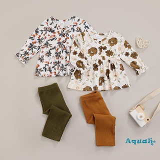 Aqq-niño niña 2Pcs otoño trajes, manga larga botón frontal Floral Tops + Rib Knit pantalones Set