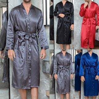 Fstylefang-Hombres ropa de dormir satén seda ropa de dormir 1pc albornoz vestido Kimono manga larga
