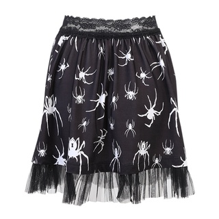 Women Gothic Punk Spider Print Lace High Waist Ruffles Black Mini Pleated Skirt