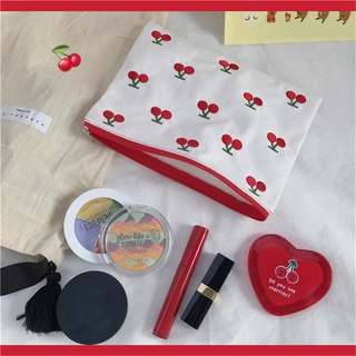 1 PC elegancia de las mujeres bolsas de cosméticos de cereza bordado cremallera lápiz labial bolsa de lona caso de maquillaje de frutas monederos portátil lápiz bolsa de almacenamiento cartera