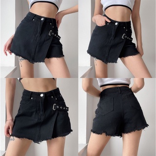 Fácil de las mujeres de cintura alta asimétrica pantalones cortos de mezclilla gótico Punk hebilla de Metal deshilachado dobladillo crudo Harajuku Mini Jeans envoltura falda Skort (3)