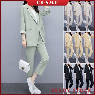 COSMO M-4XL Blazer Set 2PCS Premium Formal Traje De Negocios Oficina 3/4 Manga Abrigo + Pantalones Más Tamaño