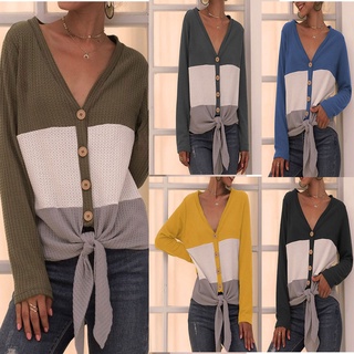 Women Stitched Knit Tops Button Strap V Neck Long Sleeve Sweater Casual Tops
