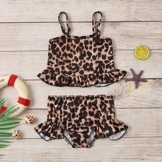[XHSA]-Baby Kids Girls Ruffle Leopard Print Straps Swimsuit Tops Shorts Swimwear Set