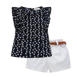 2 piezas de camisa floral de verano para niña y pantalones cortos blancos, casual, dulce, ropa de niña (1)