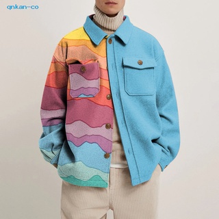 qnkan Woolen Casual Coat Men Loose Printed Jacket Winter Outfit Comfortable to Wear for Autumn