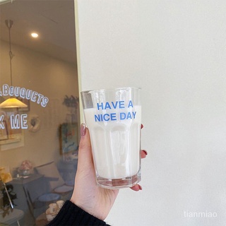 Taza con paja taza de vidrio estilo coreano vaso con paja Simple Color azul letra impresión resistente al calor engrosamiento taza de leche taza de desayuno taza de jugo taza