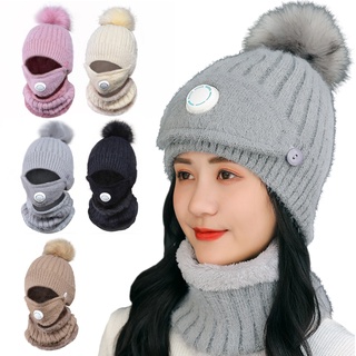 [Color] Winter Warm Women Knitted Beanie Cap Pompon Hat Scarf Neckerchief Face Cover Set