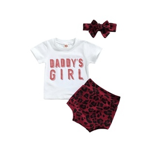 Aa-Baby conjunto de ropa de niñas, impresión de letras de manga corta O-cuello camiseta+pantalones cortos de impresión de Leopard+diadema de nudo de arco