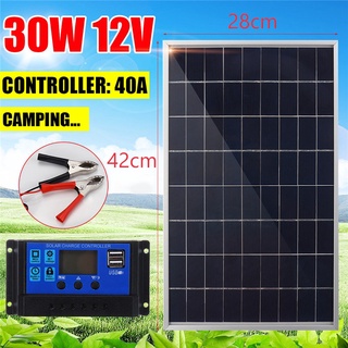 30W 12V Panel Solar Cargador De Batería + 40A Controlador Para RV Coche Barco Casa Camping
